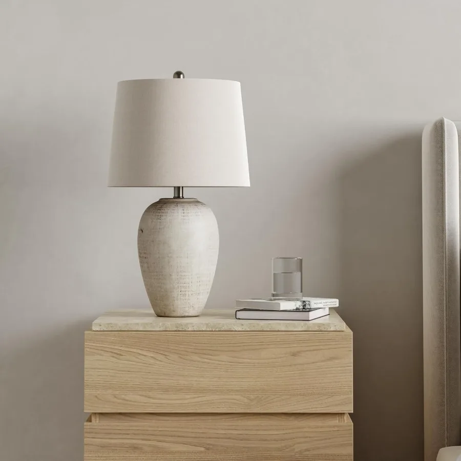 Home 23" Distressed Cream/Beige Rustic Ceramic Jar Table Lamp for Bedroom Living Room Dining Office with Ivory Shade