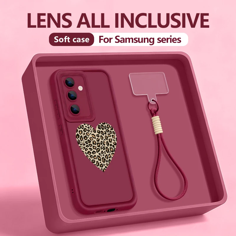 S25 Edge Case Leopard Print Heart Lanyard Case For Samsung S24 Ultra S23 S22 S21 FE A17 A54 A15 A35 A55 A16 A26 A36 A56 5G Funda