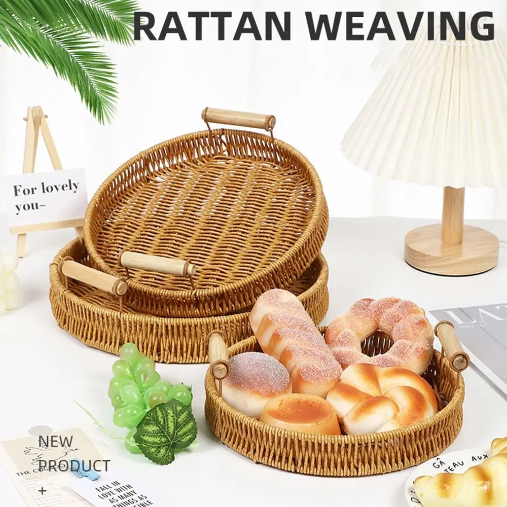 1Pcs Breakfast Bread Food Handwoven Rattan Basket Round Shape Fruit Vegetable Cake Wicker Storage Tray Food Plate With Handle