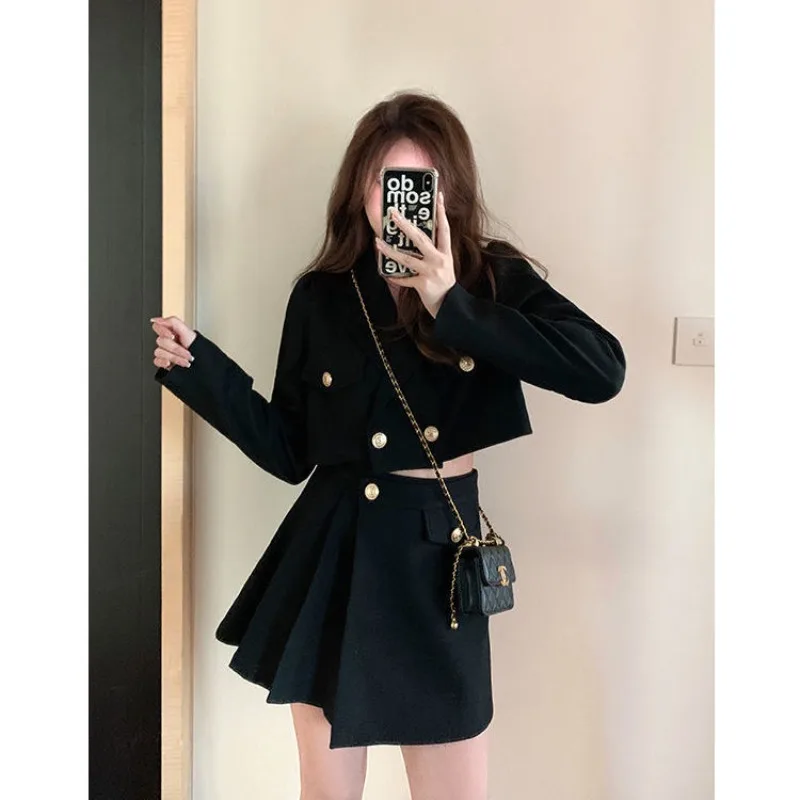 French Retro Black Sweet Two Piece Set Women Blazer Short Coat + Irregular Pleated Skirt New Aesthetic Elegant Slim Suit Autumn