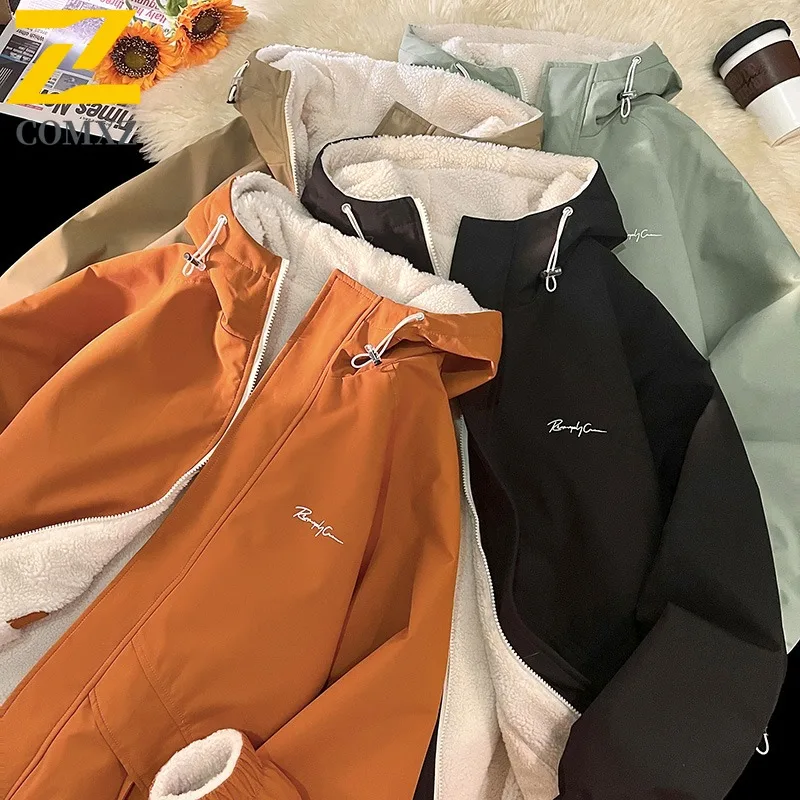 COMXZ Men Reversible Sherpa Jacket Waterproof Windproof Mountain Climbing Coat Winter Thickened Fleece Outdoor Sports Hood Parka