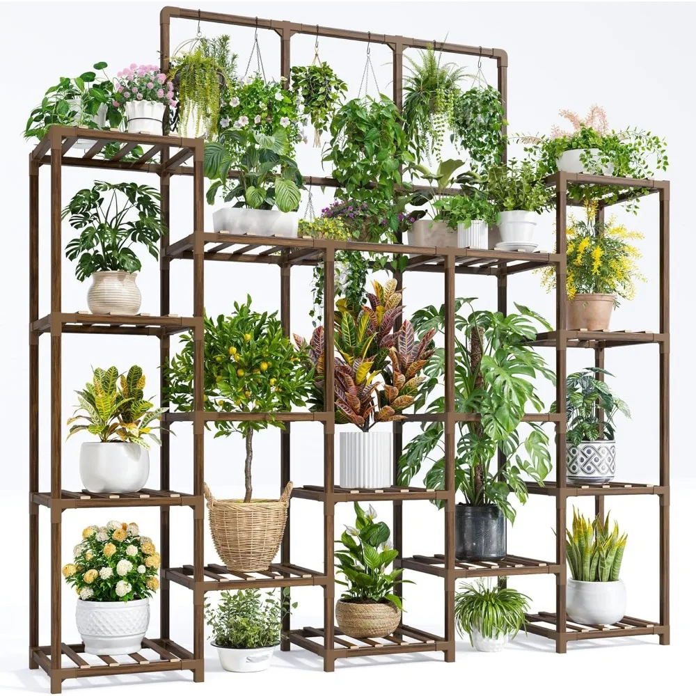 4-Tier Wood Plant Stand Indoor Outdoor Holds 22 Pots Large Capacity 55.9"Wx63.1"H Sturdy Shelf