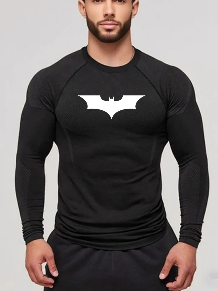 Bat Print Long Sleeve Compression Shirts for Men Gym Workout Running Tees Athletic Quick Dry Tshirts Tops Rash Guard Baselayers