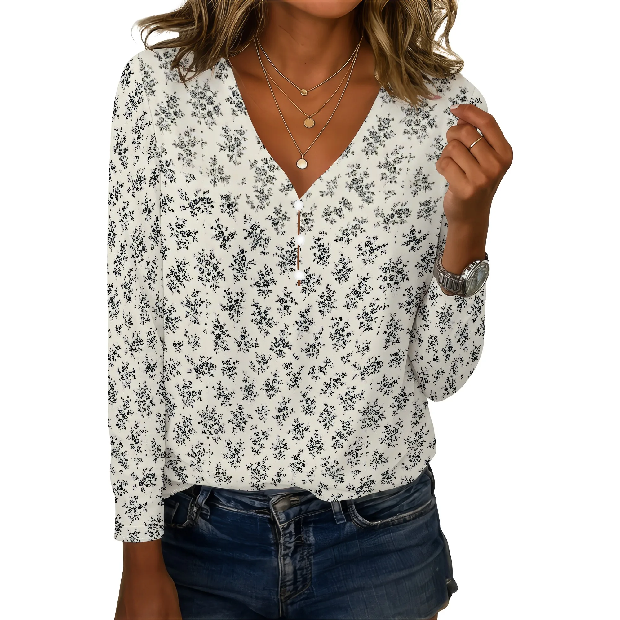 Women's Boho Chic Retro Floral Print Loose Cotton Blend V-Neck Tunic Top Summer Casual Long Sleeve Button Blouse
