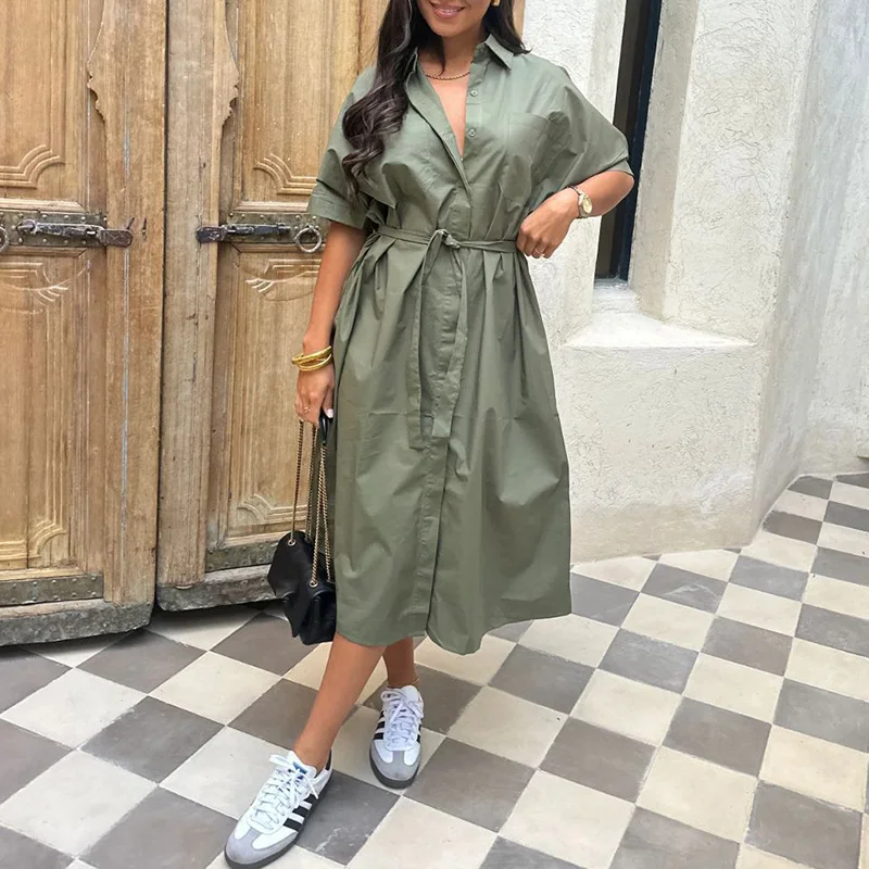 Fashion Commuter Button Long Dresses Office Elegant Lapel Lace-up Solid Shirt Dress Women Casual Short Sleeve Solid Party Dress