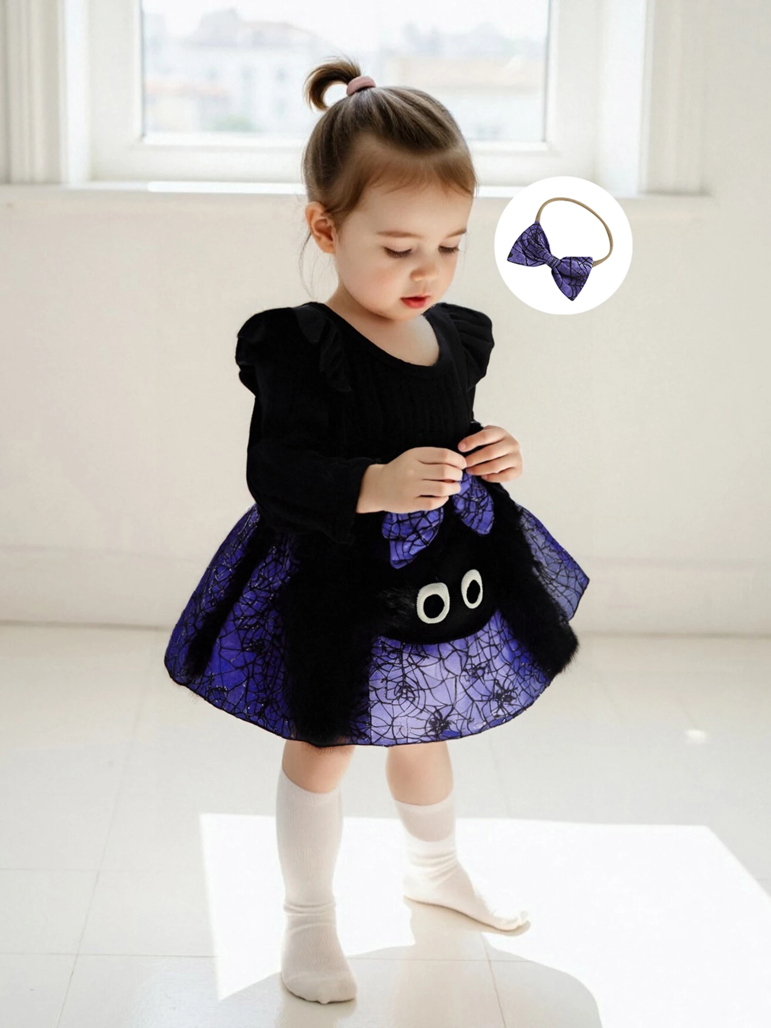 Cute Toddler Halloween Costume Set Pumpkin Print Romper Dress with Matching Headband and Tights for Baby Girl