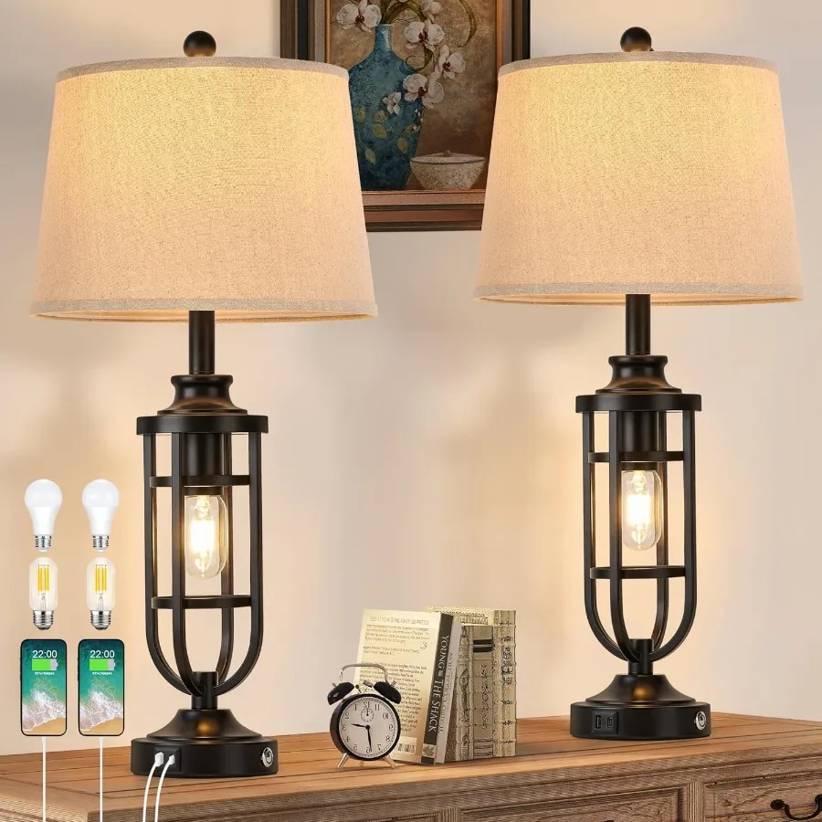 28" Table Lamps for Living Room Set of 2 Farmhouse Lamps for Night Stands with USB A+C Bedside Lamps for Bedroom End Tables Bul