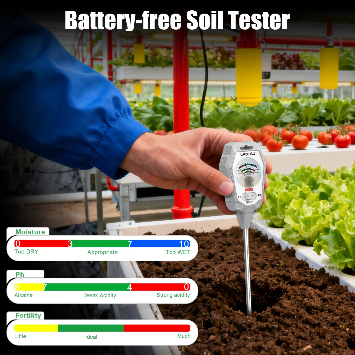 3 in 1 Soil Tester Moisture PH Meter Sensor Fertility Test Tool For Indoor/Outdoor Gardening Plant Moisture/Fertility/PH Testing