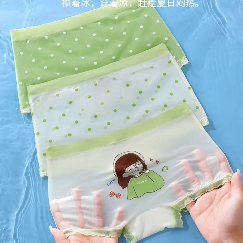 3Pcs Mesh Cute Girls Cartoon Panties Thin Ice Silk Underwear Translucent Sweet Children's Flat Boxer Modal Baby Briefs Green