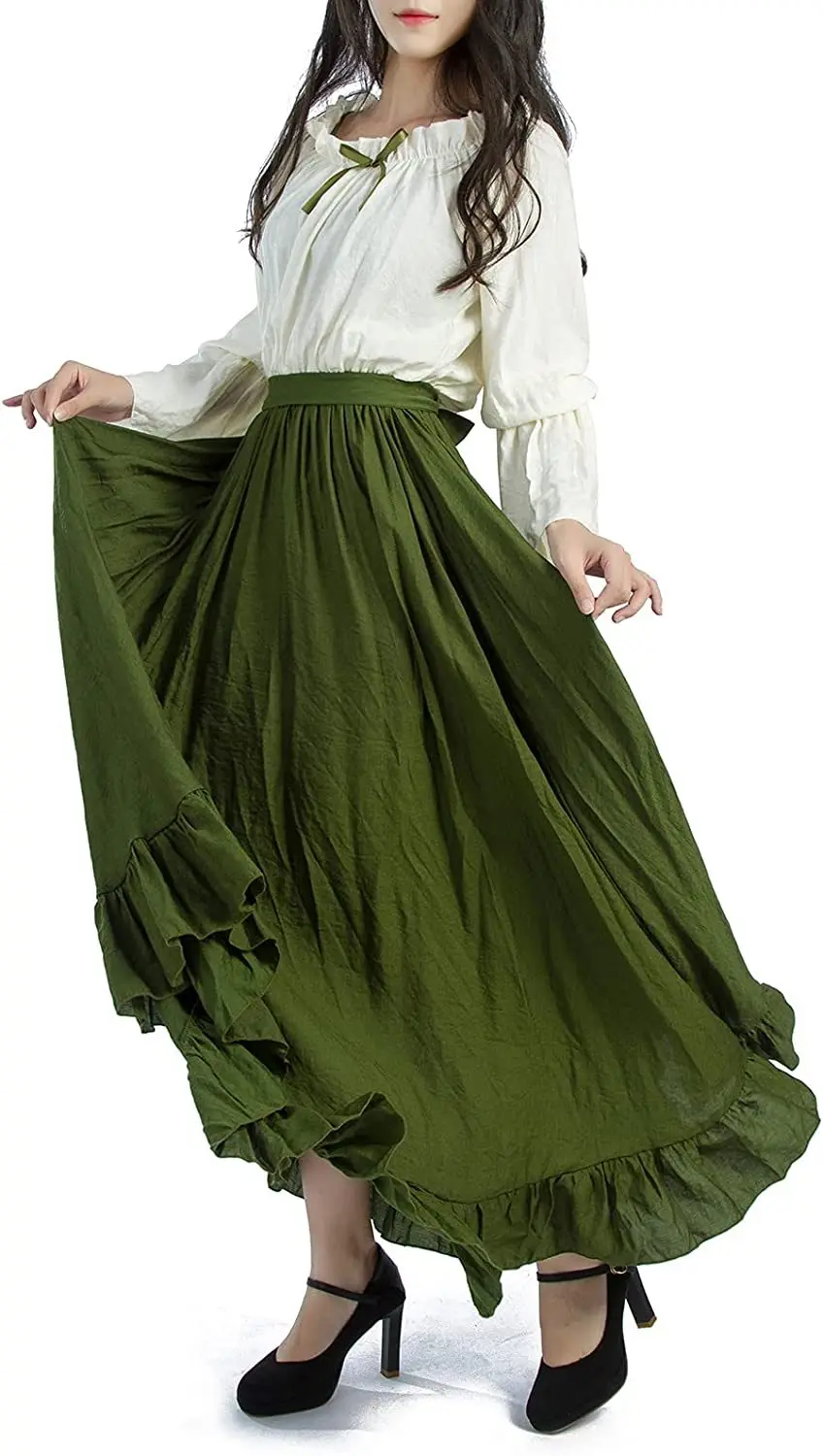 Halloween Vintage Medieval Dress for Women Renaissance Party Costume Long Sleeve Top Drawstring Temperament Long Skirt 2Pcs Set