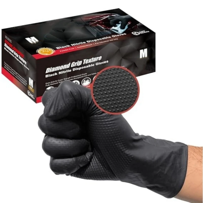 8Mil Heavy Duty Black Nitrile Gloves Disposable Diamond Textured Safety Work Gloves Industrial Mechanic Auto Gardening Gloves