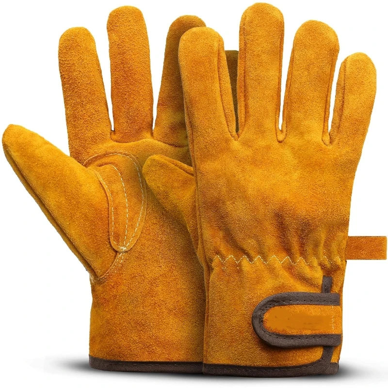 Leather Work Gloves Men Cowhide Reinforced Palm Safety Gloves for BBQ Oven Grill Baking Tig Mig Welding Fireplace Gardening Gear