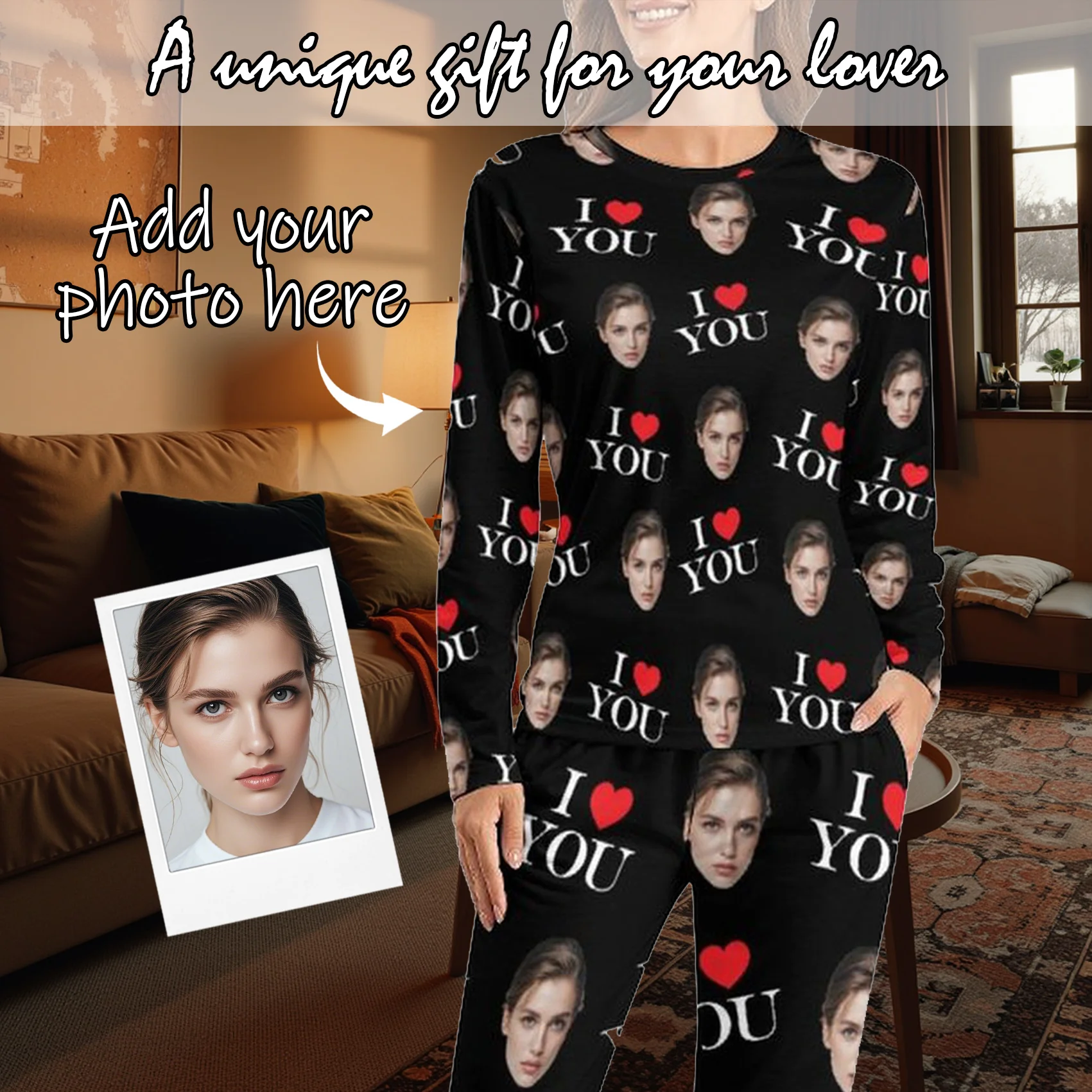 Custom Women Pajamas with Face homewear Custom Women long Sleeve Pajama Set Personalized gift family couple pet
