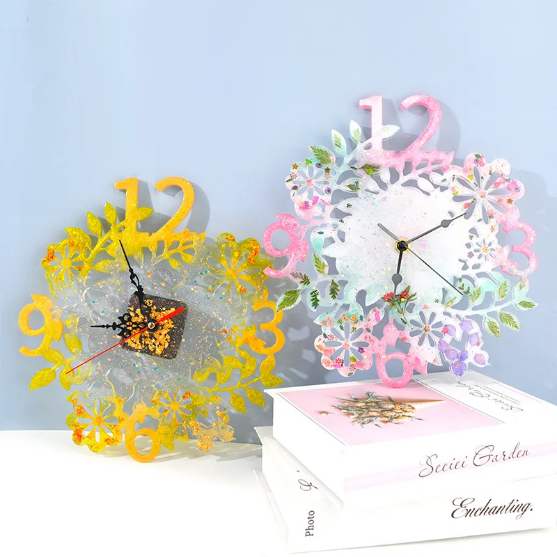 1Pcs Crystal Clock Epoxy Resin Silicone Mold Flower Shape Wall Hanging Clock Casting Mould for DIY Resin Home Decoration Crafts