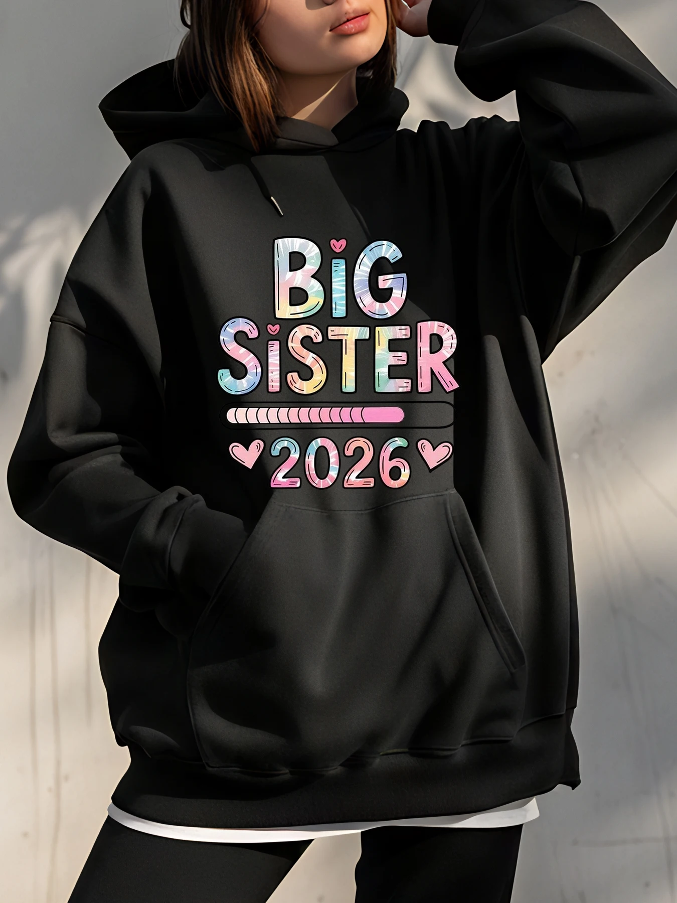 Big Sister 2026 Hoodie with Colorful Text and Heart Details for Kids and Teens Casual Wear