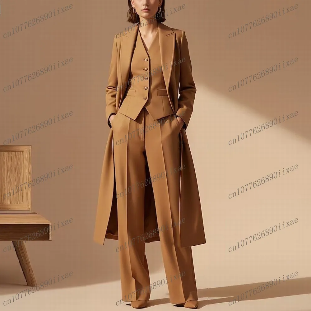 Brown Long Blazer Women Suits Lady Business Office Tuxedos Mother Wedding Party Formal Ladies 3 Piece Set Jacket Vest Pants
