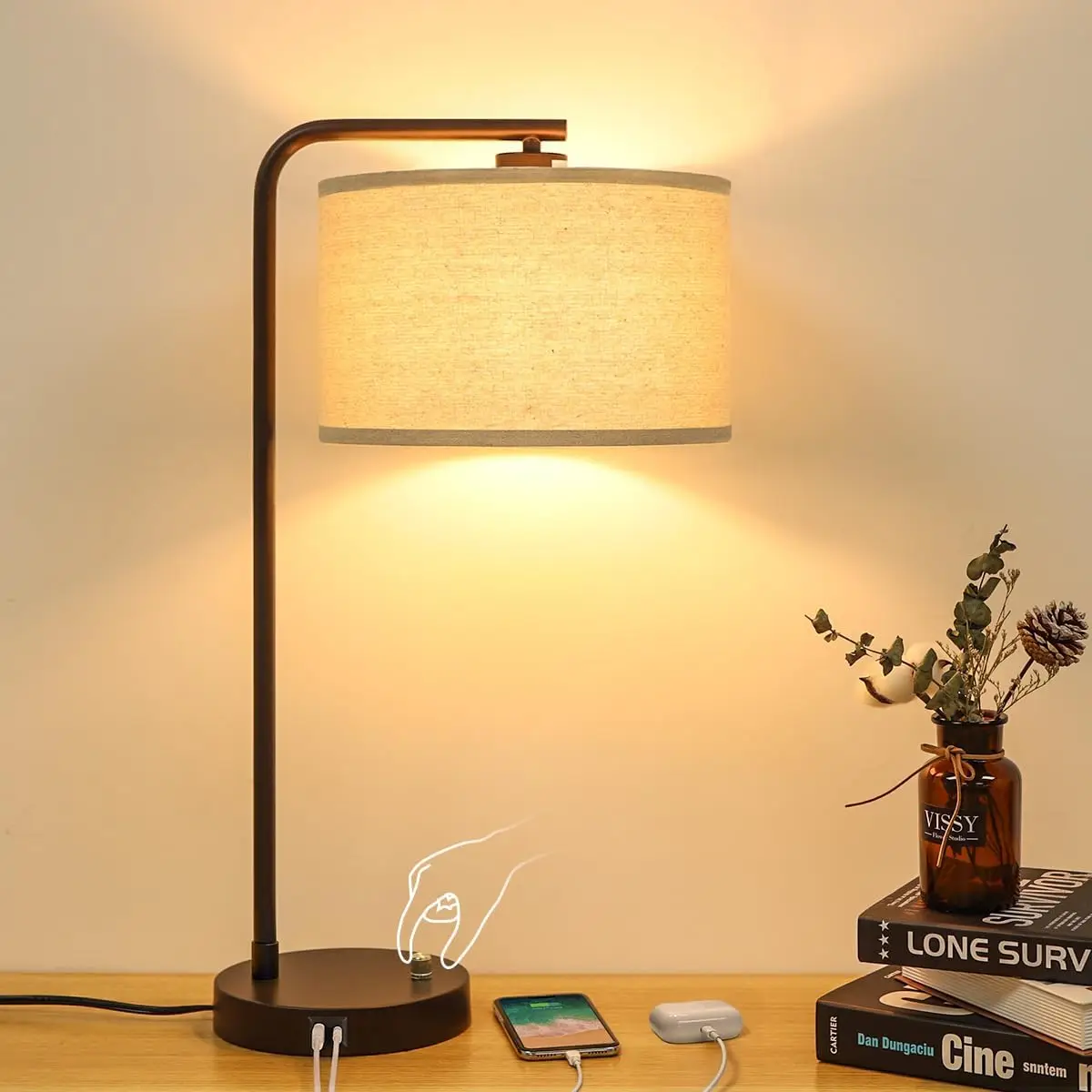 Tall Table Lamp USB-C + A Ports, Stepless Dimmable LED Desk Lamp 9W 3000K for Bedroom, Office, Study, Living Room
