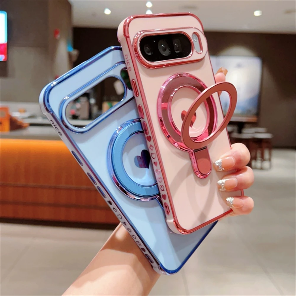 Plating Silicone Bracket Magnetic Phone Case For Google Pixel 10 9 8 Pro XL 9 8 7 A Case Love Heart Stand Holder Protector Cover
