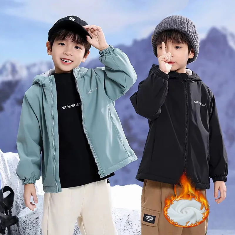 Boys Girls Fleece Jackets Children Thickened Winter Coats Kids Warm Rushing Clothes Teenager Hooded Outwear Autumn Loose Jacket