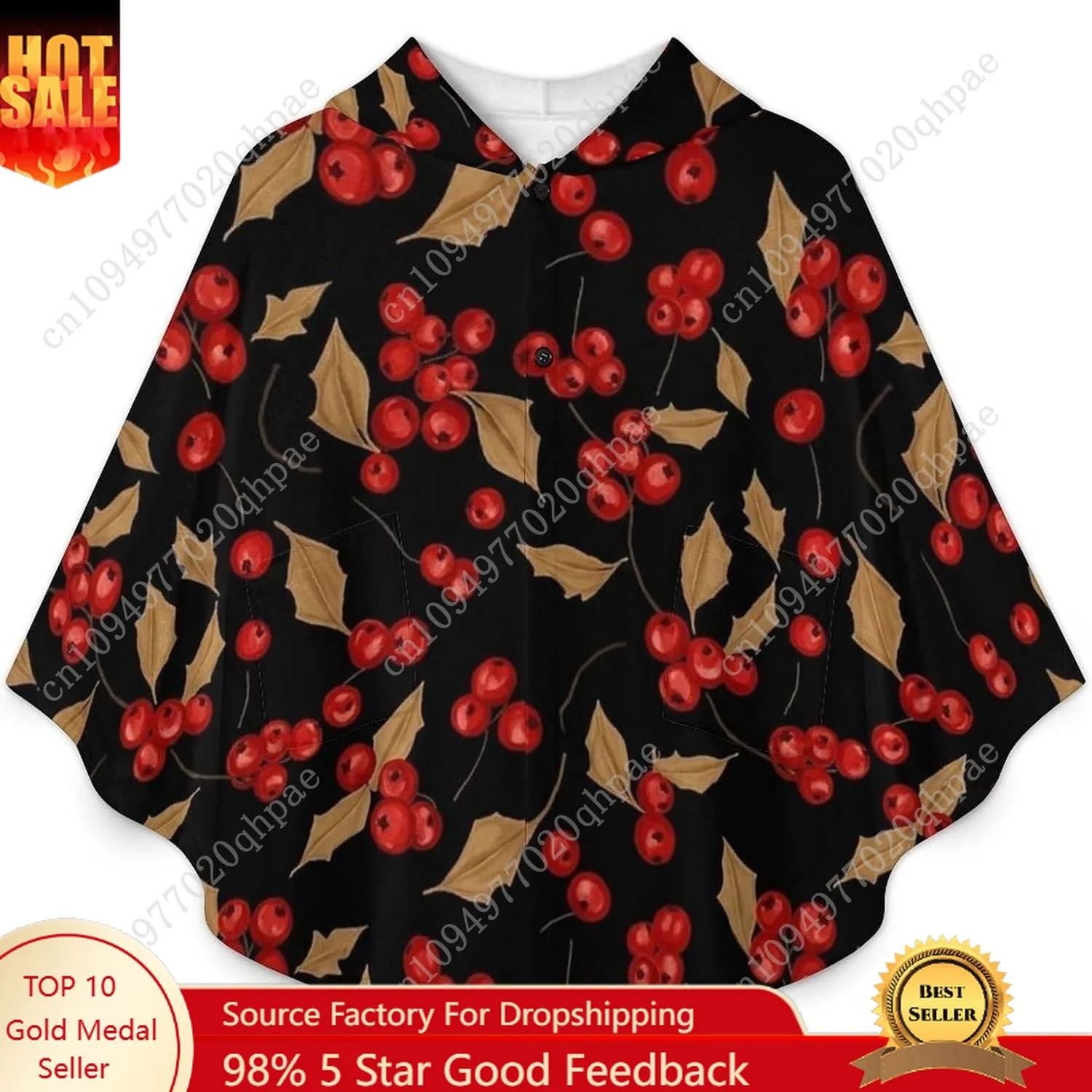 Cozy Flannel Blanket Sweater,Red Berries Black Oversized Hoodie With Pockets For Kids And Teenagers