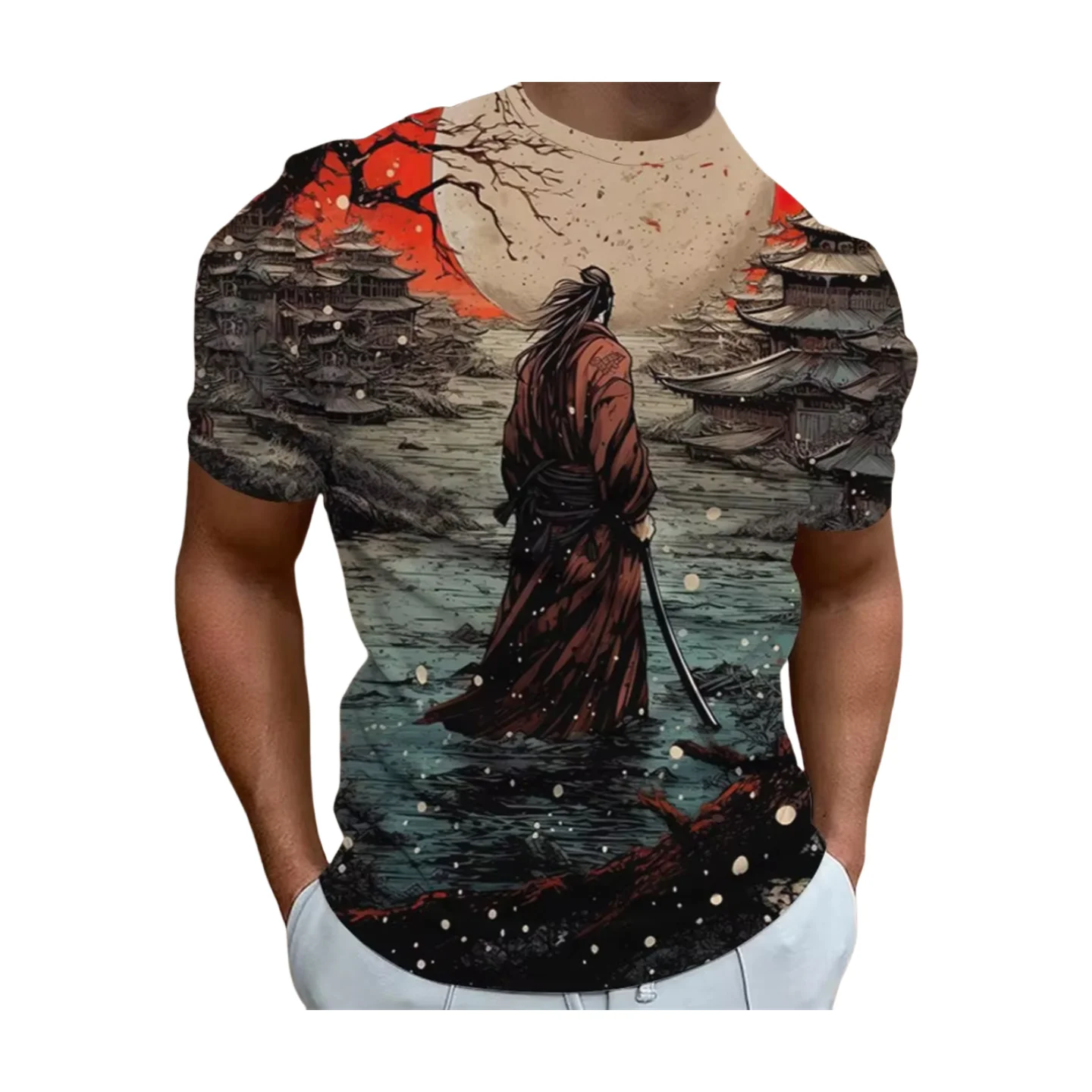 Men Summer Outdoor Men Top Fashion Breathable Men Short Sleeve Tee Round Neck Men's Clothing Vintage 3D Samurai Pattern T-Shirt