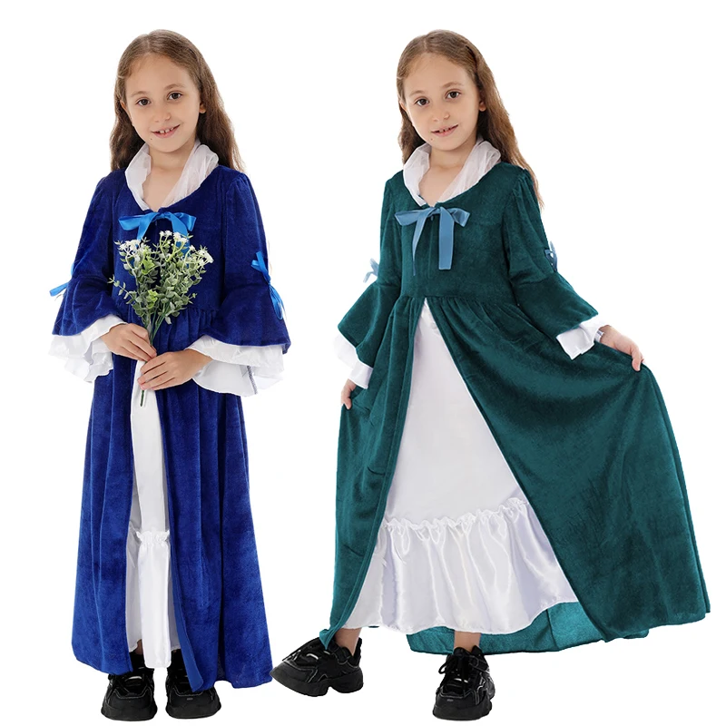 Halloween Girls Medieval Renaissance Princess Costume Velvet Long Flare Sleeve Vintage Dress Carnival Party Cosplay Dress Up