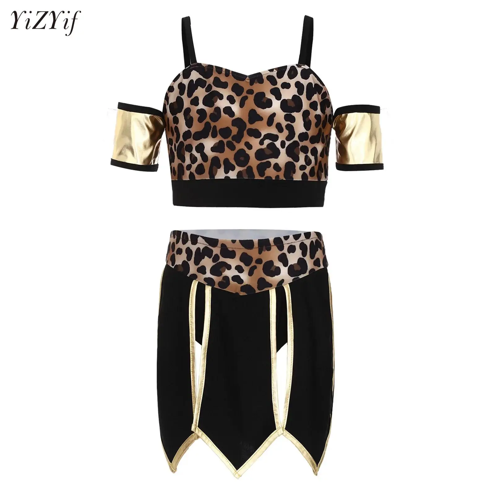 Big Girls Prehistoric Cave Stone Halloween Carnival Wildman Cosplay Costume Leopard Print Tank Top with Slits Skirt Set