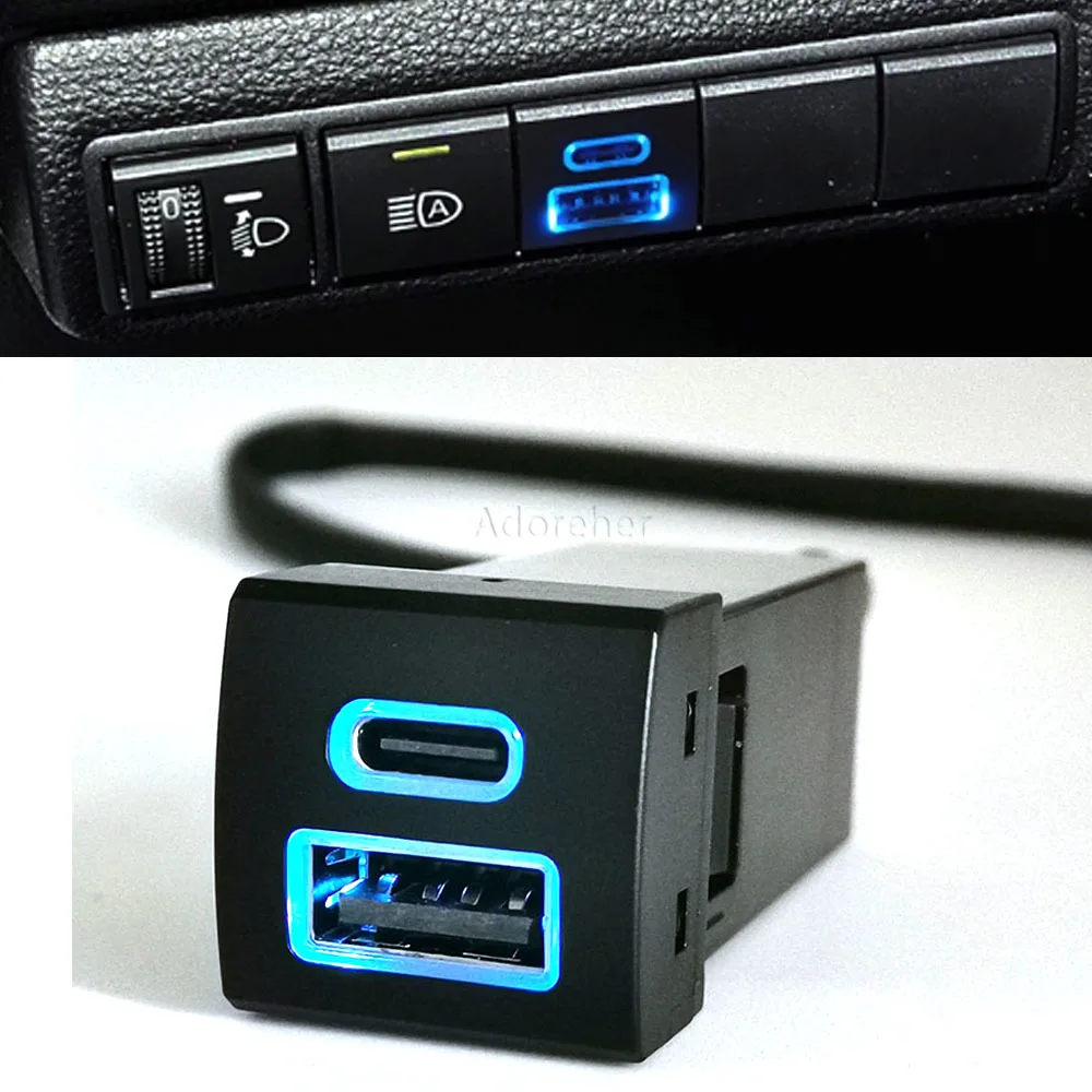 Blue LED Car Dual Phone Charger Socket USB QC3.0 Type-C PD Fit For Toyota Highlander Land Cruiser For Prado 150 Rav4 Camry