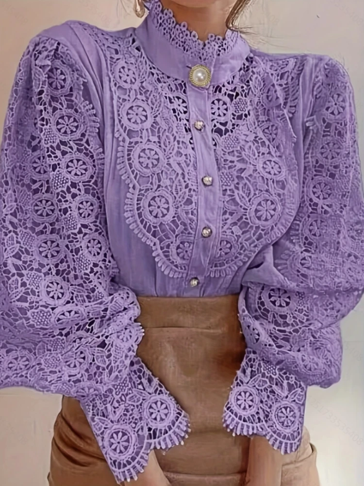 New Autumn Women's Stand-Up Collar Women's Long Sleeve Shirt Elegant Lace Casual Cardigan Large Size Blouse Four Seasons 12419