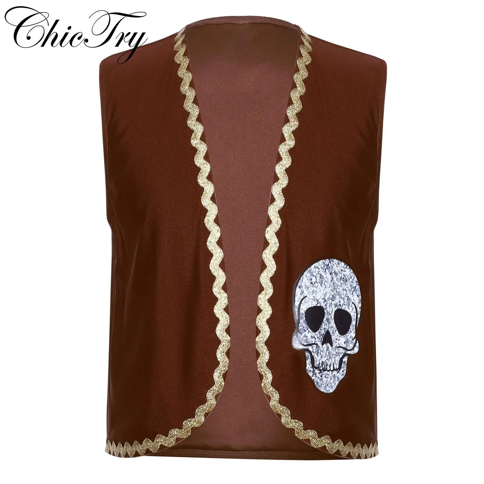 Kids Boys Girls Pirate Costume Halloween Cosplay Waistcoat Open-Front Skull Bones Print Vest for Carnival Role Play Dress Up