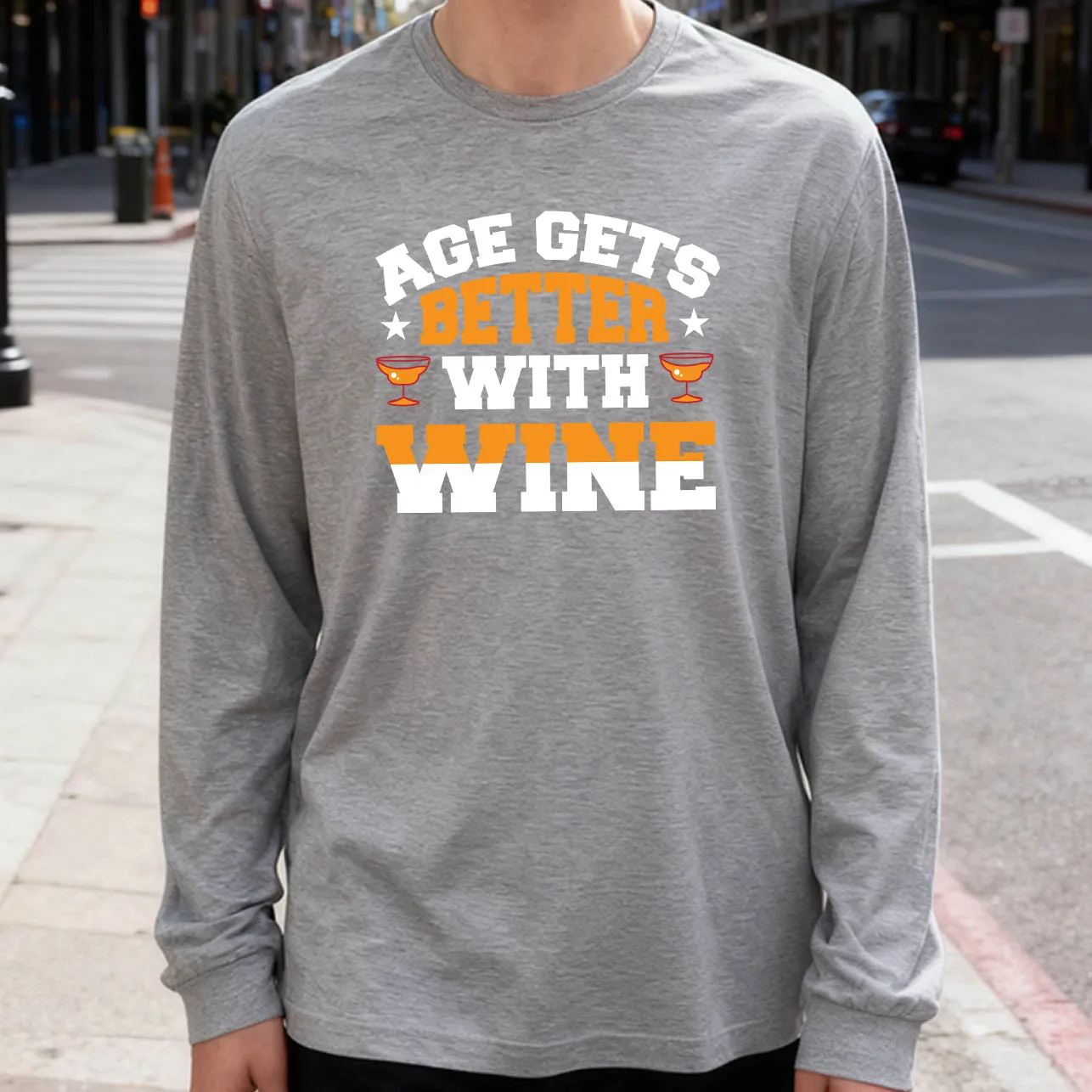 Age Gets Better with Wine Men's Long Sleeve T-Shirt 180g 100% Cotton Printed Crew Neck Casual Daily Wear Soft and Breathable