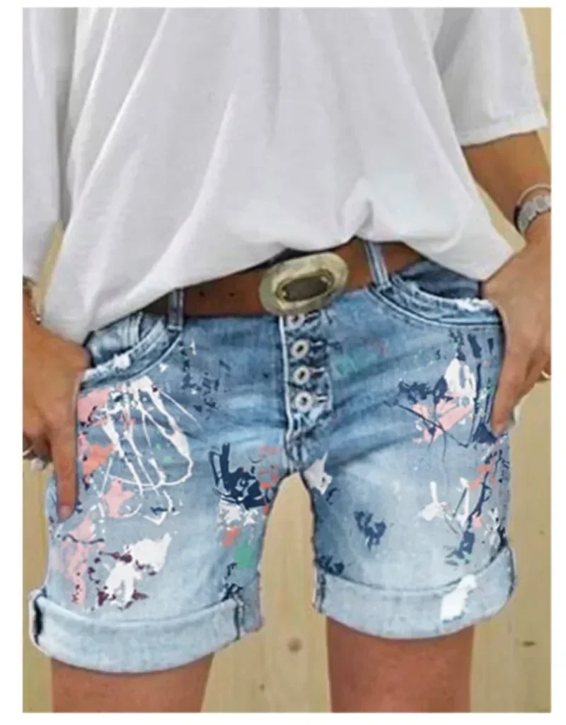 Women Denim Shorts Summer Elastic Single-breasted Print Casual Lady New Fashion Street Sweet Skinny Jeans Pants