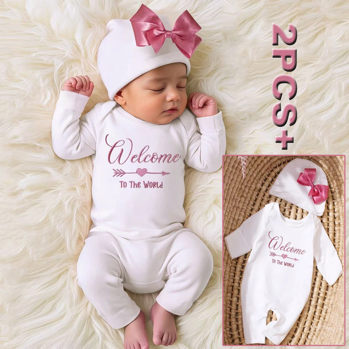 Ylsteed 2Pcs Newborn Photography Long Tleeves Romper Jumpsuit With Bow Hat Embroidery Baby Clothes Photography Props-HD