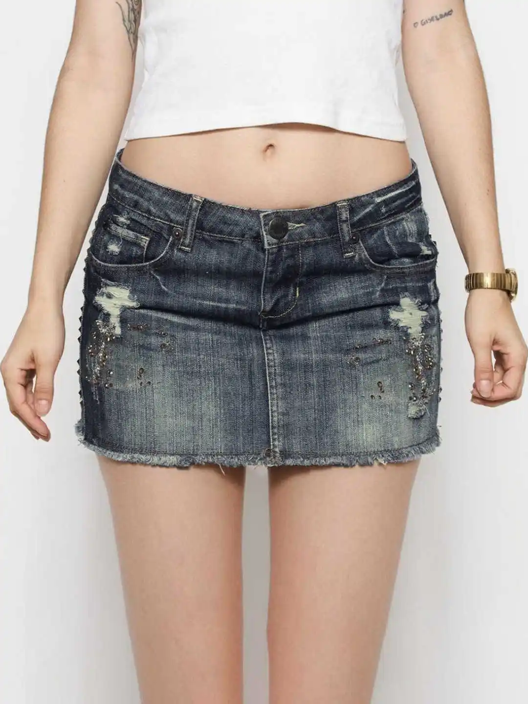 Women Club A-line Mini Ripped Denim Skirt Jean Skirts Kpop Abi Y2k High Street American Retro Korean Kpop Gyaru E-girl Coquette