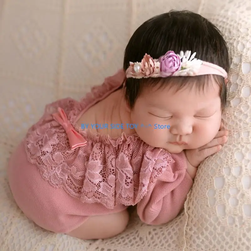 Newborn Photo Props Lace Jumpsuit Baby Photography Clothes Long Sleeved Backless Romper for Newborn Photoshooting Posing U6XE