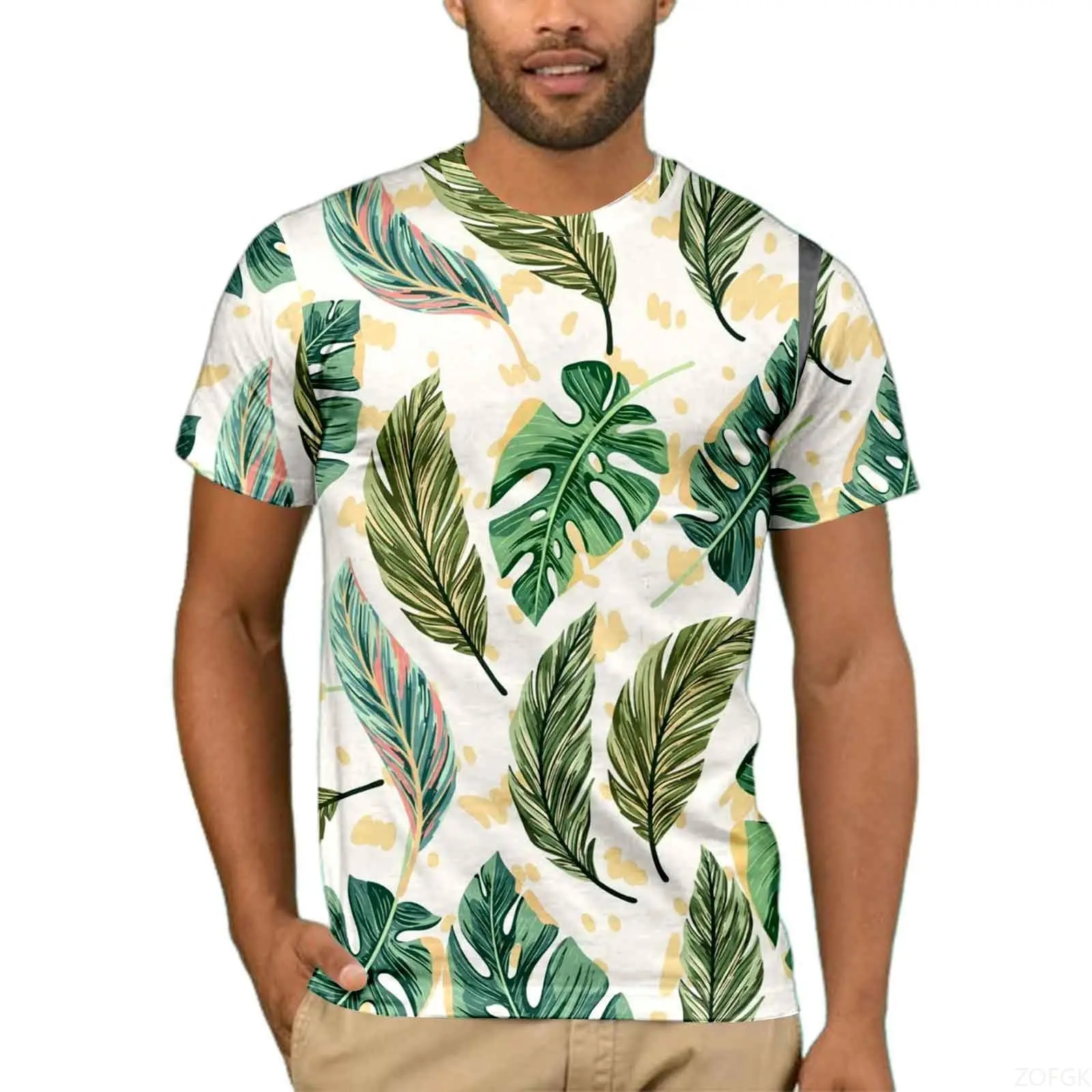 Summer fun men and women fashion leisure vacation seaside tropical plant print polyester t-shirt casual round neck t-shirt