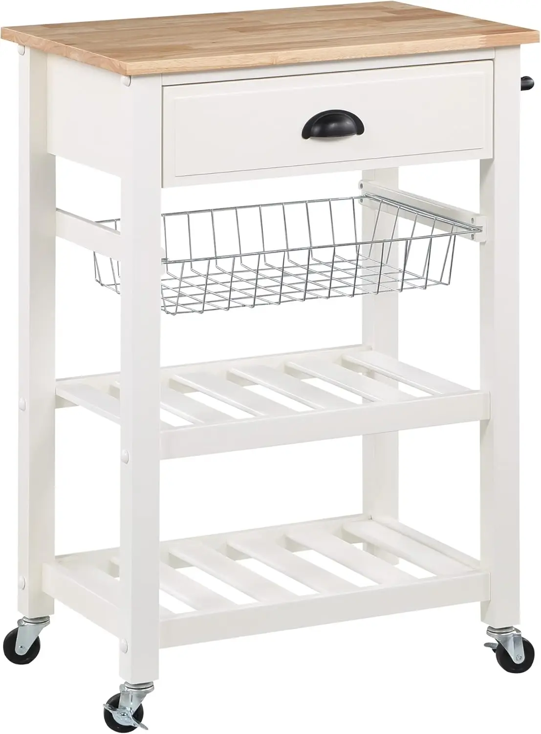White Kitchen Cart with Wood Top, Utensil Drawer, Basket, and 2 Shelves for Efficient Storage
