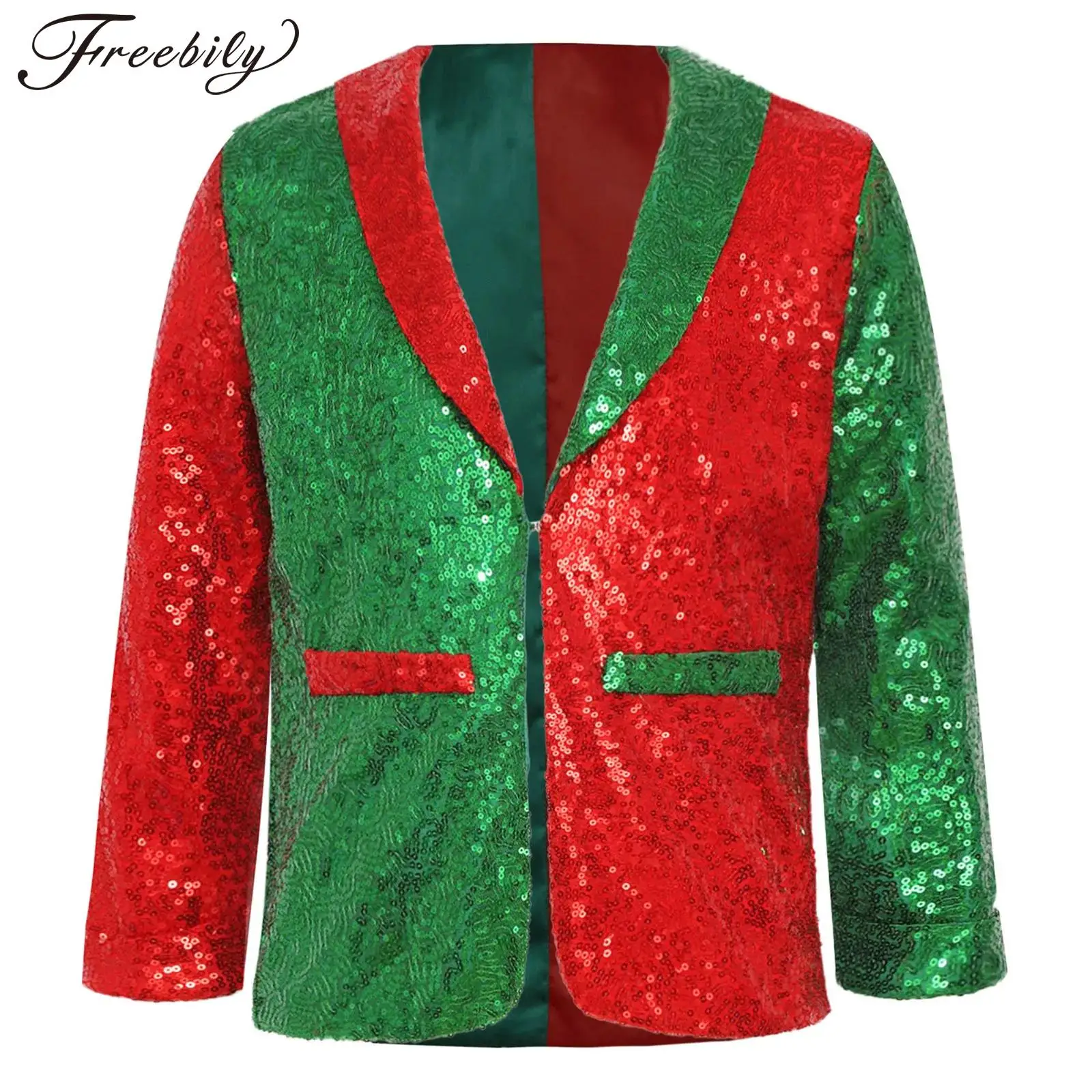 Kids Boys Girls Shiny Sequins Jacket Christmas Santa Costume Christmas Party Blazer Showman Cosplay Outerwear