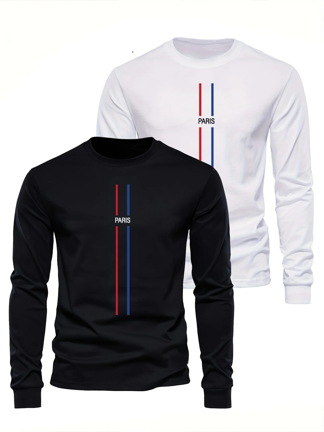 100% pure cotton men's long sleeved round neck loose casual Paris pattern printed spring and autumn versatile T-shirt top