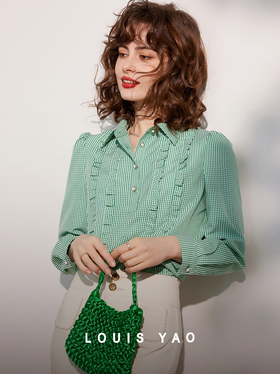 LOUIS YAO Women Shirt 2024 Spring New Plaid Blouses Polo Neck Long Sleeve Loose Fit Puff Sleeve Elegant Shirt Top