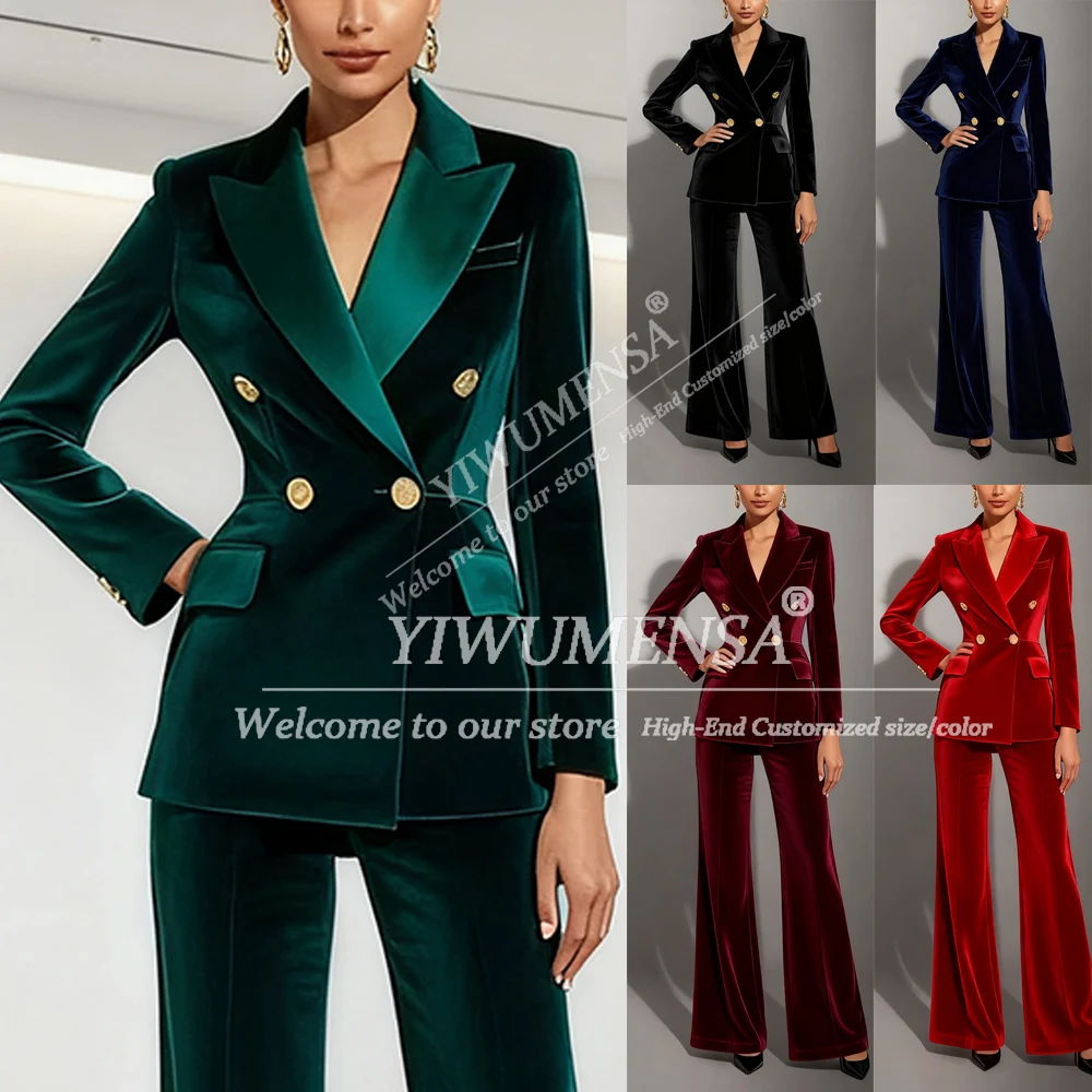 Classic Green Velvet Women Suits For Banquet Party Blazers Customized 2 Pieces Sets Double Breasted Lady Business Tuxedos Attire