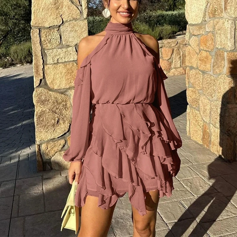 Fashion Off Shoulder Ruffle Halter Mini Dress Spring Summer New High Waist Solid Dress Lady Long Sleeve Simple Party Short Dress