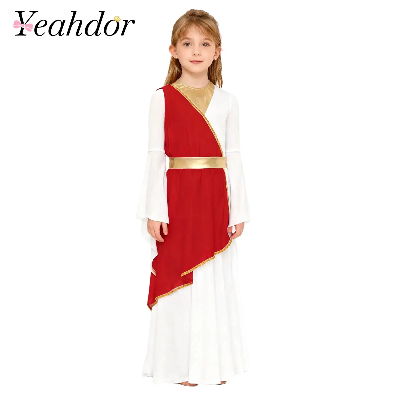 Kids Girls Ancient Greek Princess Dress Up Costume Long Sleeve Tunic Dress Carnival Party Performance Worship Praise Church Robe