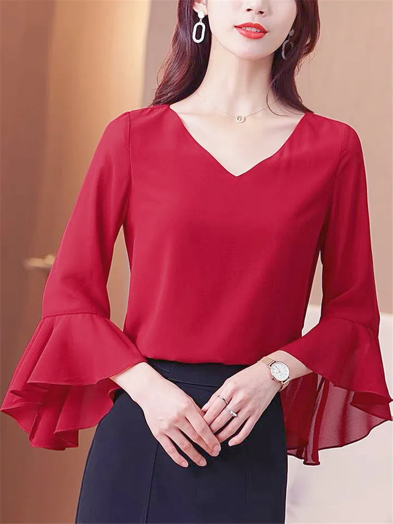 2026 Spring Chiffon Solid Tops Women Vintage Blouse Causal Summer V neck Tops flare Sleeve Shirts blusas mujer de moda 2025