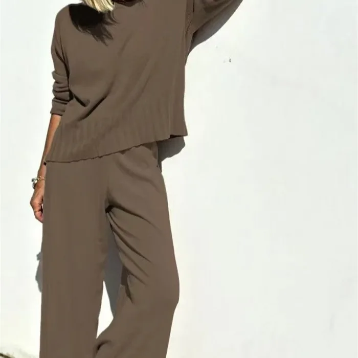 Casual Knit Wide Leg Pants Set Comfy Knitted Palazzo Trousers Set Relaxed Sweater And Pants Outfit Chic Lounge Two Piece