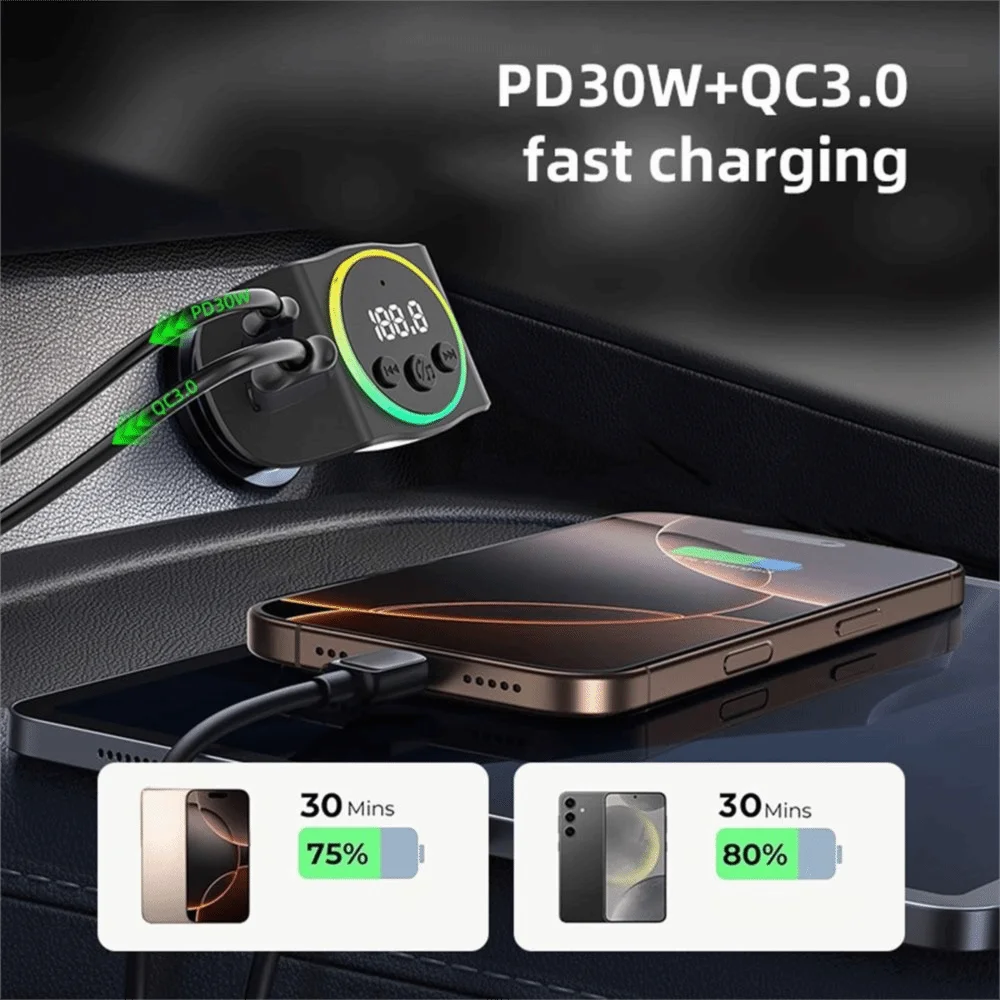 Dual USB PD30W+QC3.0 Car MP3 Player FM Transmitter Bluetooth 5.3 Car Bluetooth Wireless Handsfree PD Fast Charger Transmitter