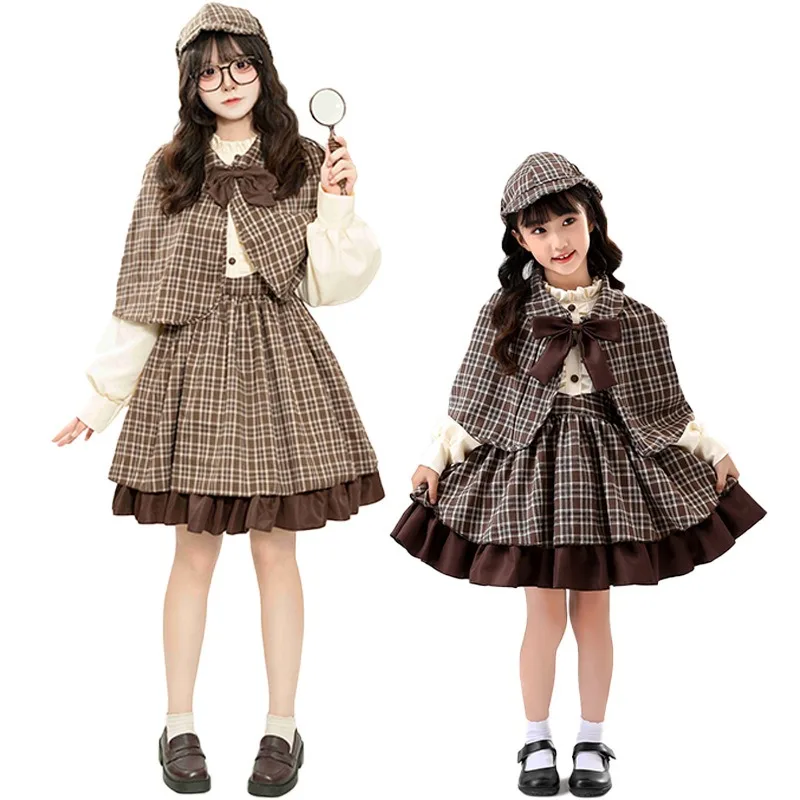 Girls Detective Cosplay Costume Lolita British Style High Collar Long Sleeve Dress Women Reasoning Game Costumes for Women Girl