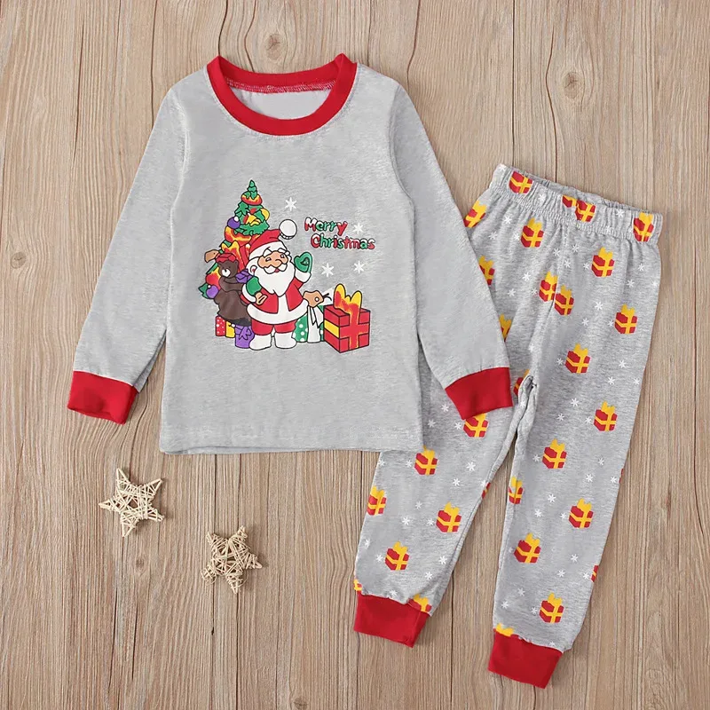 Gray Santa Claus Print Kids Pajamas Baby Boy Girls T-shirt Pants 2 Pieces Soft Sleepwear Children's Clothing Set