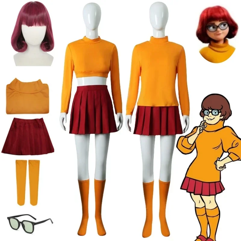 Halloween Velma Seragam Cosplay Kostum Orange Short Skirt Uniform Wanita Oranye Kaus Kaki Rok Atas Halloween Party Carnival Set