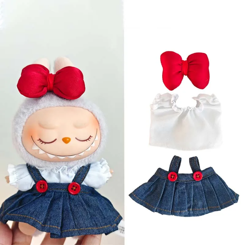For Korea Kpop Exo Labubu Idol Dolls Jean Dress Bowknot Doll Clothes Kids Dollhouse 15-17cm Cute Clothes Doll Accessories Toys